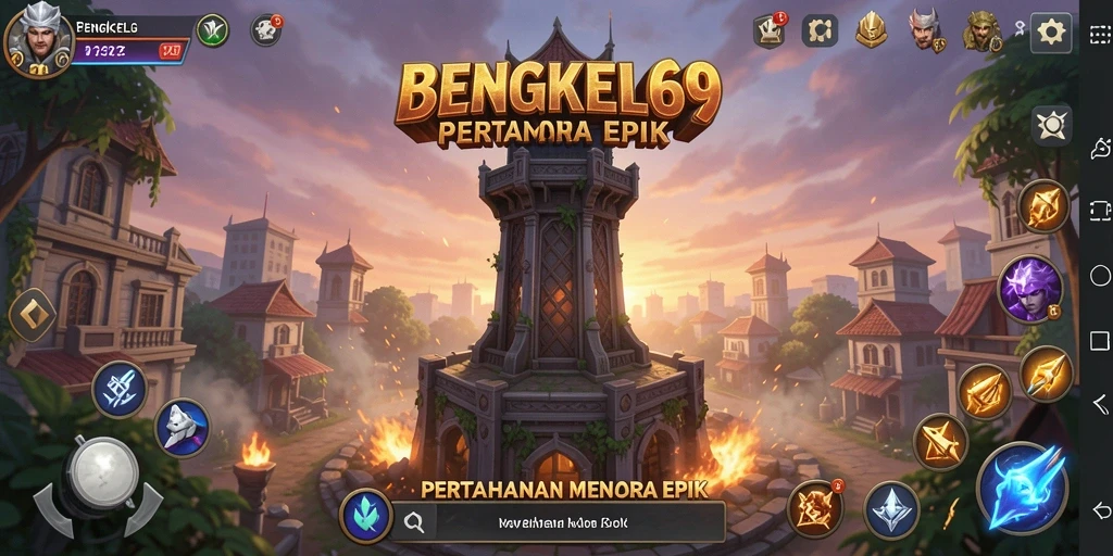 Screenshot menampilkan gameplay BENGKEL69 dengan menara yang strategis dan musuh yang menyerang.