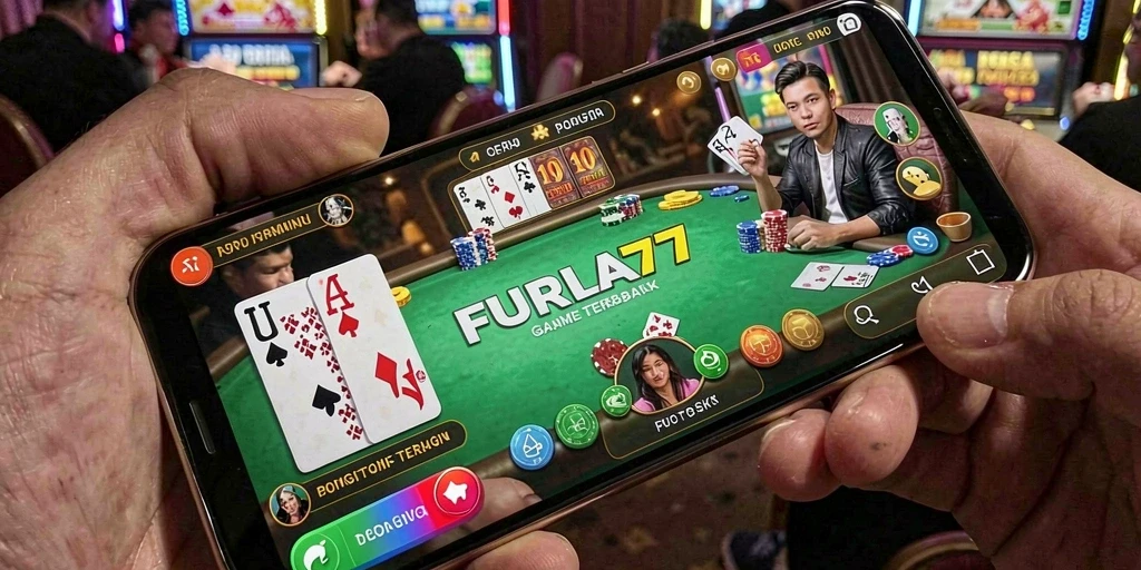 Screenshot gameplay FURLA77 menampilkan suasana Poker yang mendebarkan.