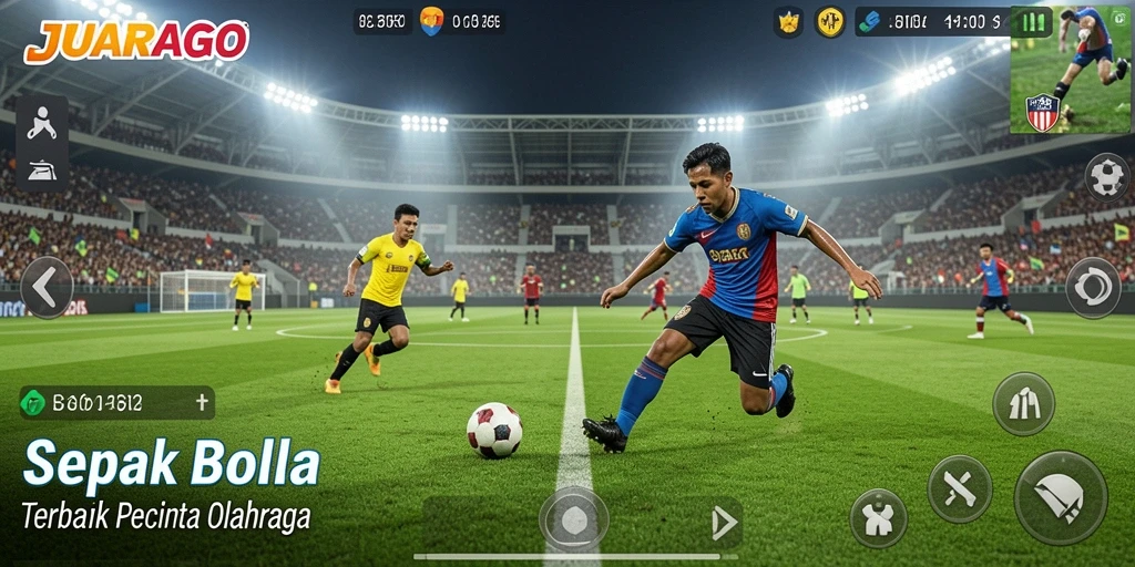 Tampilan gameplay JUARAGO yang menegangkan saat pertandingan sepak bola.