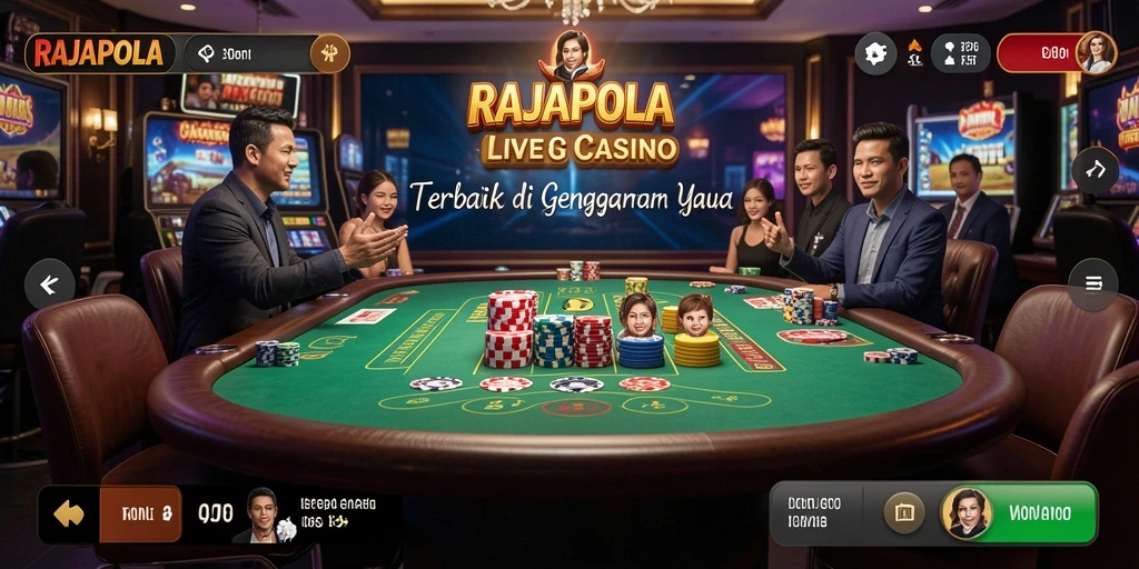 Screenshot gameplay RAJAPOLA yang menampilkan dealer langsung dan suasana kasino.