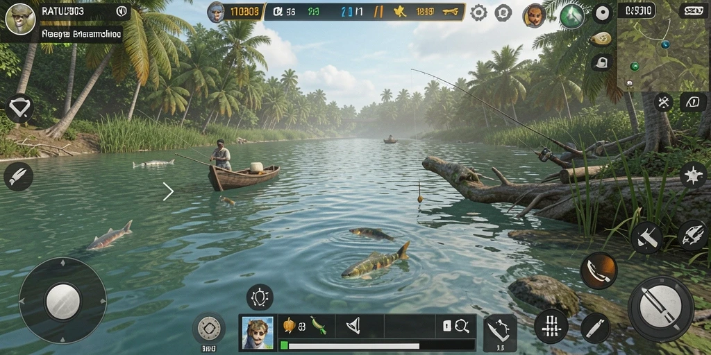 Screenshot utama RATU303 menunjukkan pemain sedang memancing di danau biru yang indah.