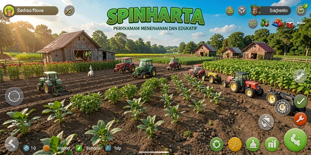 Screenshot SPINHARTA menampilkan pemain merawat kebun dengan berbagai tanaman.